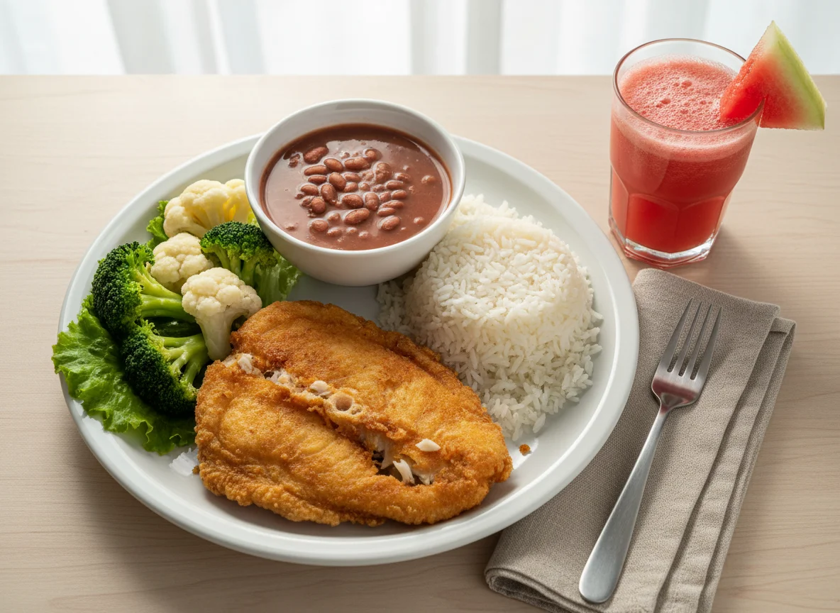 Peixe frito com arroz, feijão e vegetais photo