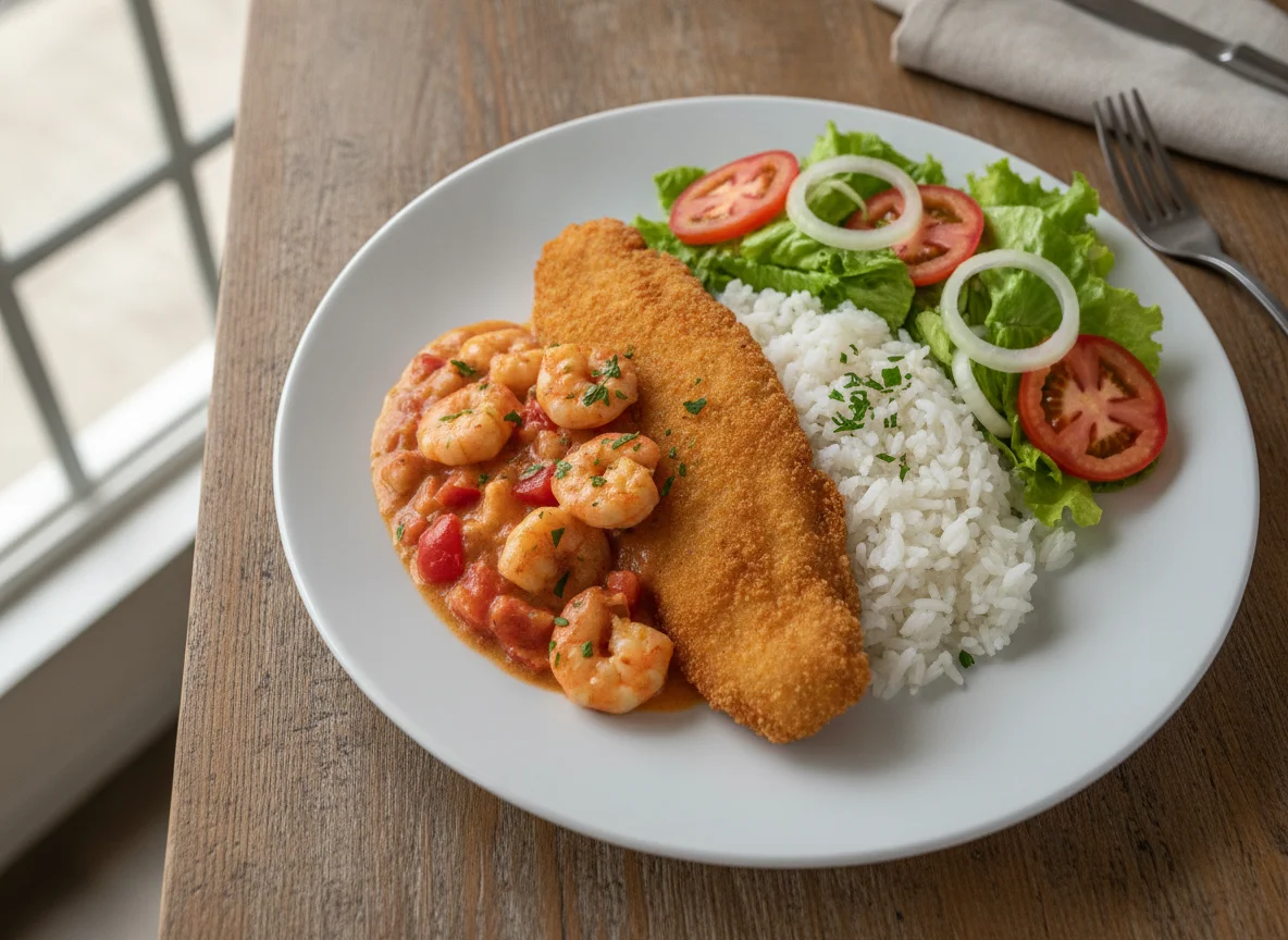 Peixe frito com arroz, molho de camarão e salada photo