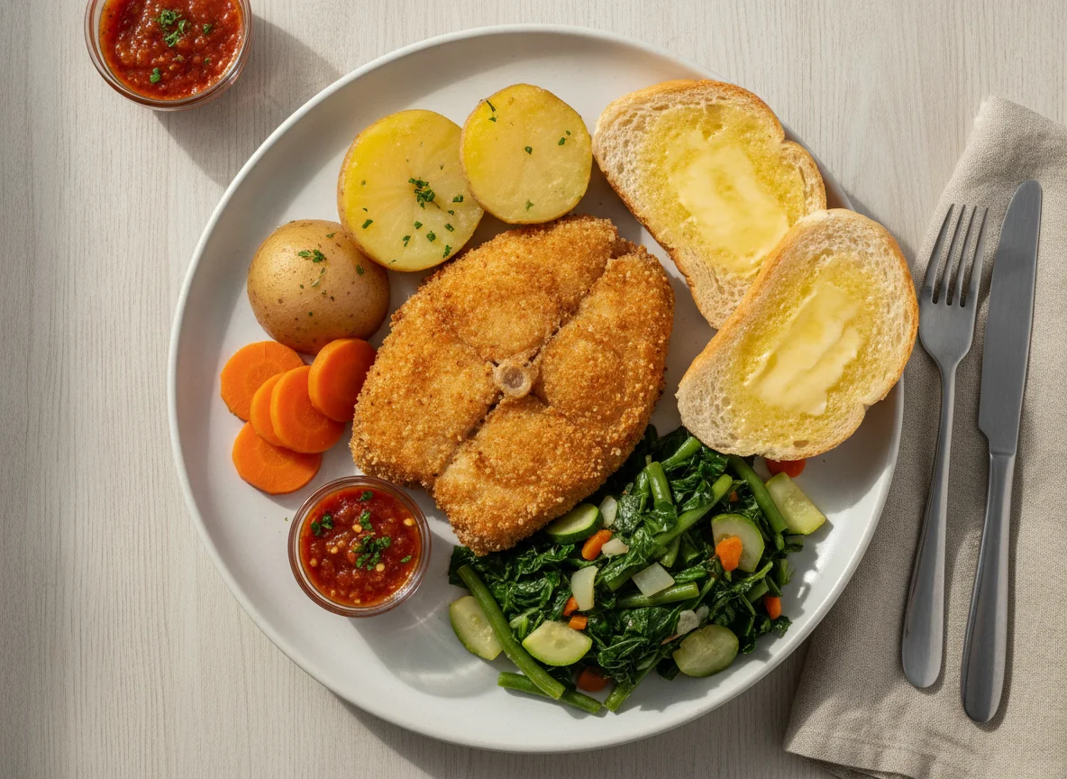Peixe frito com batata cozida, legumes e pão com manteiga photo
