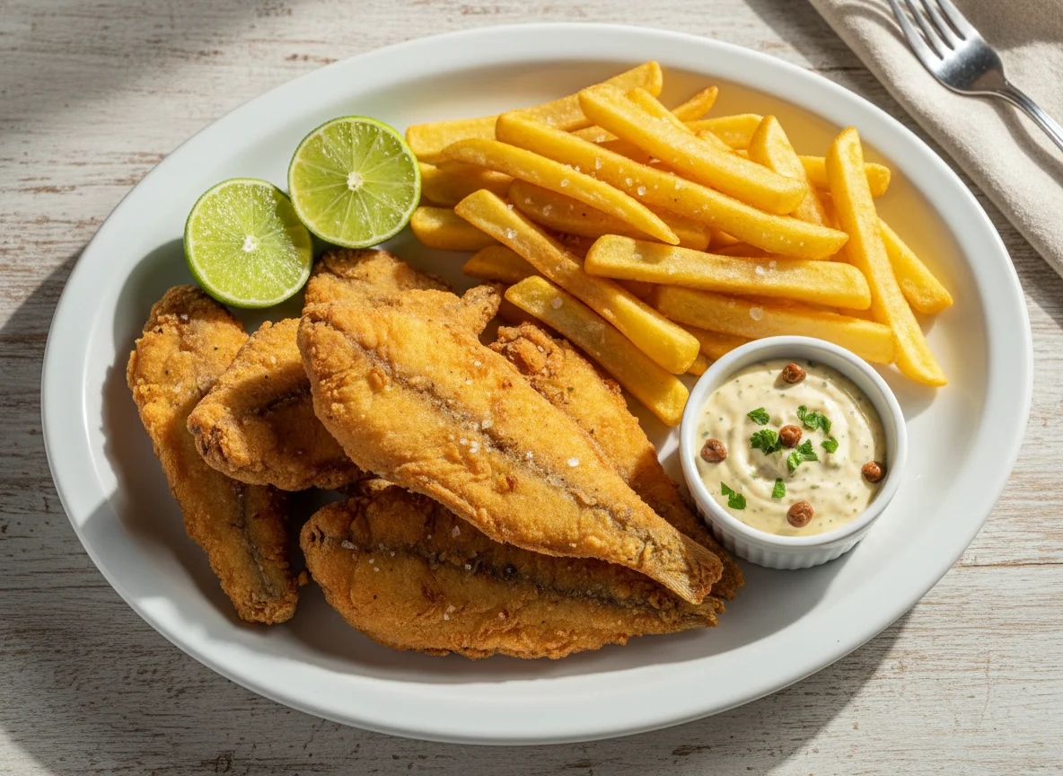 Peixe frito com batata frita e molho photo