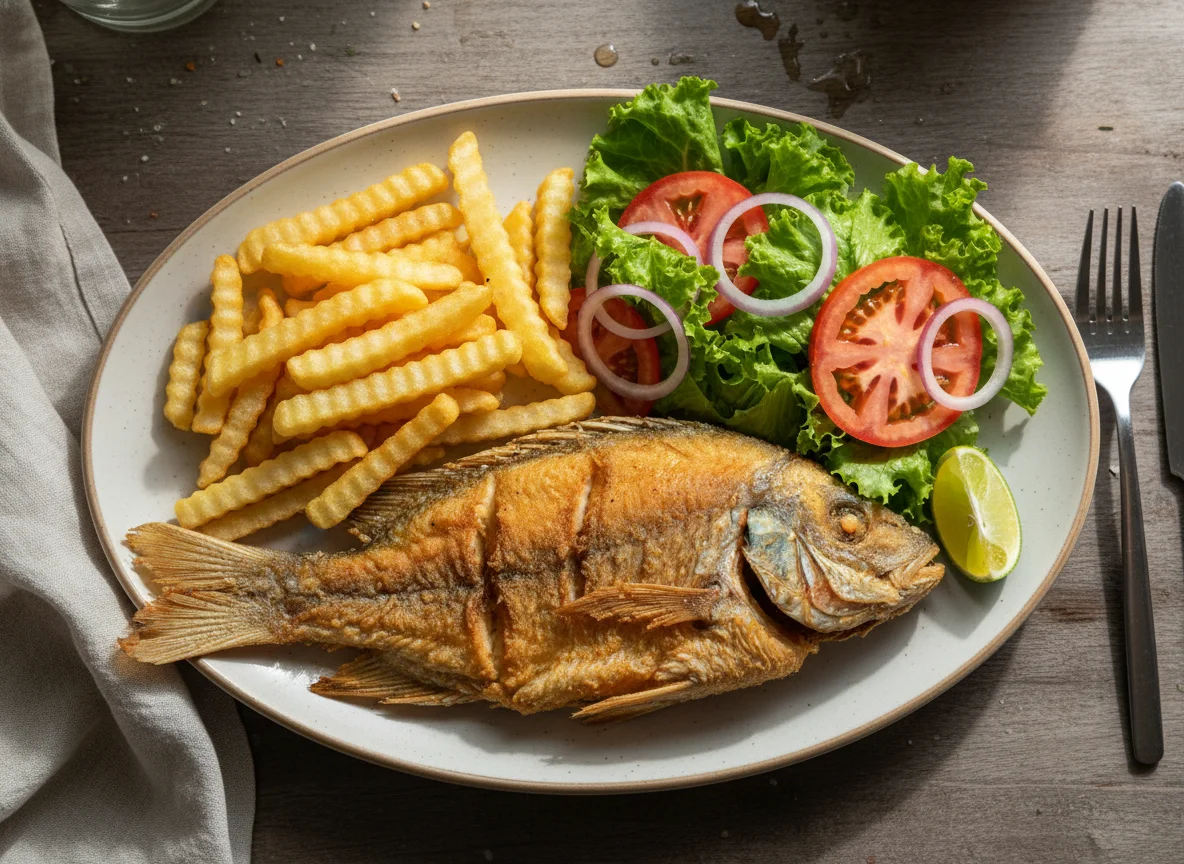 Peixe frito com batata frita e salada photo