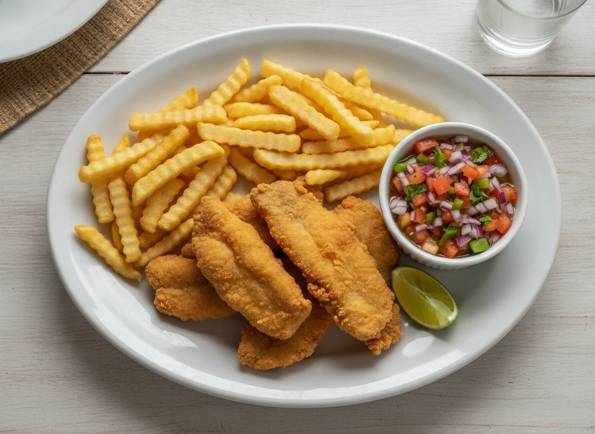 Peixe frito com batata frita e vinagrete photo