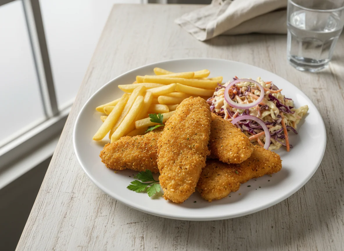 Peixe frito com batatas fritas e salada coleslaw photo