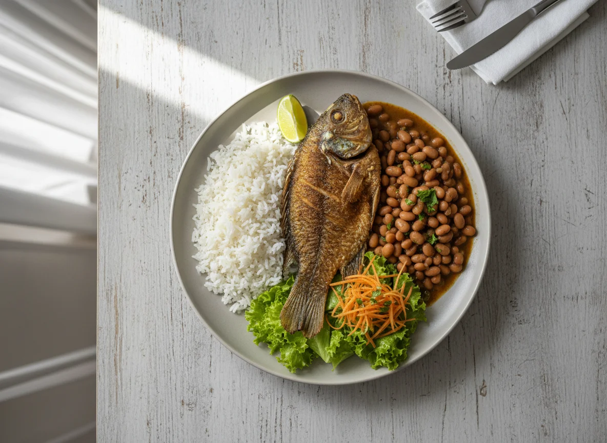 Peixe frito com feijão, arroz e salada photo