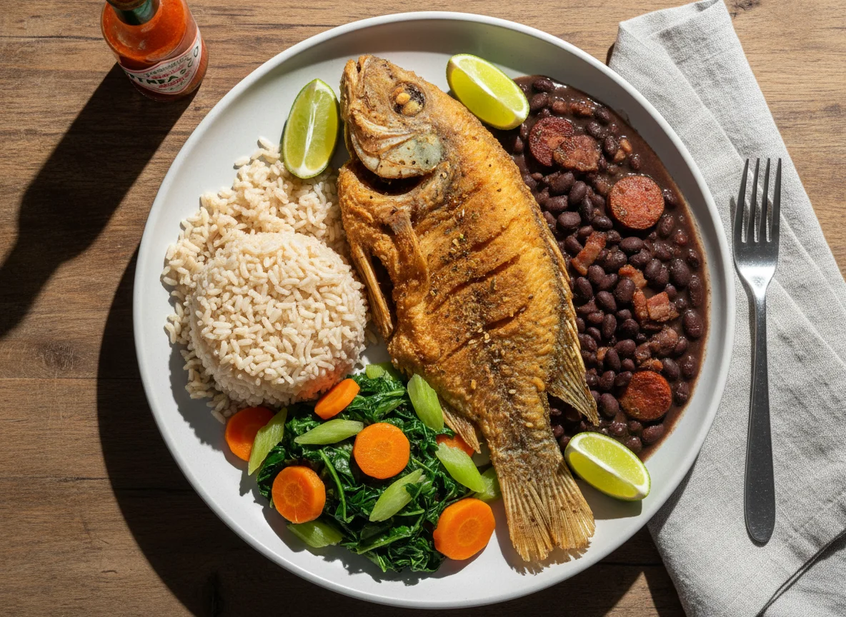 Peixe frito com feijão, arroz e vegetais photo