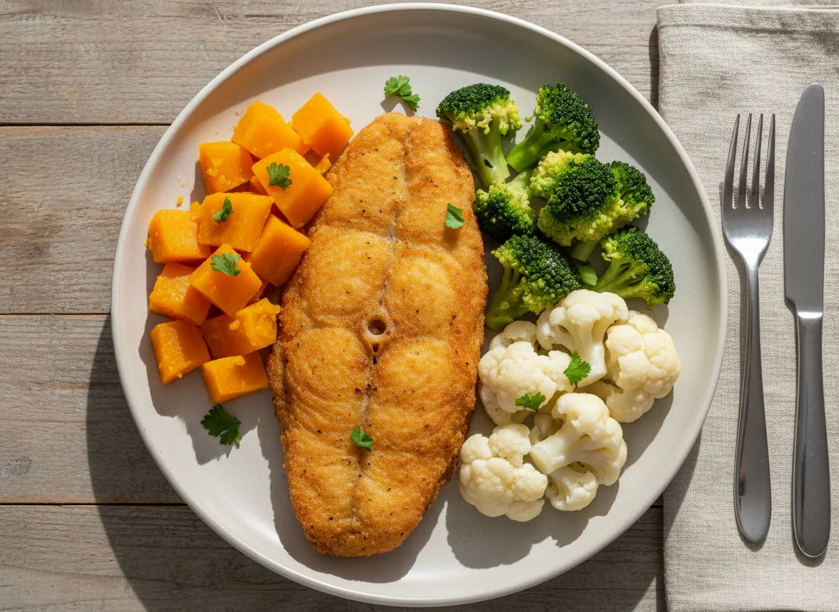 Peixe frito com legumes cozidos photo