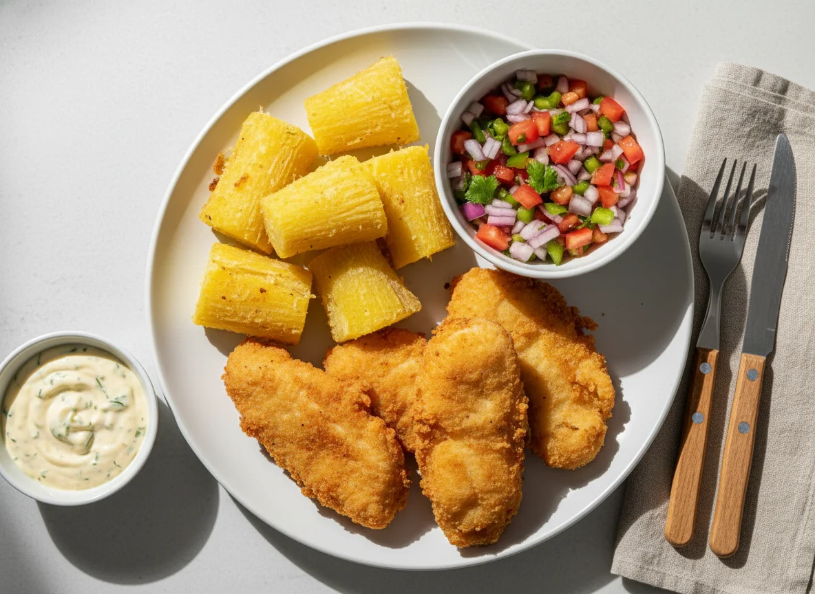 Peixe frito com mandioca e vinagrete photo