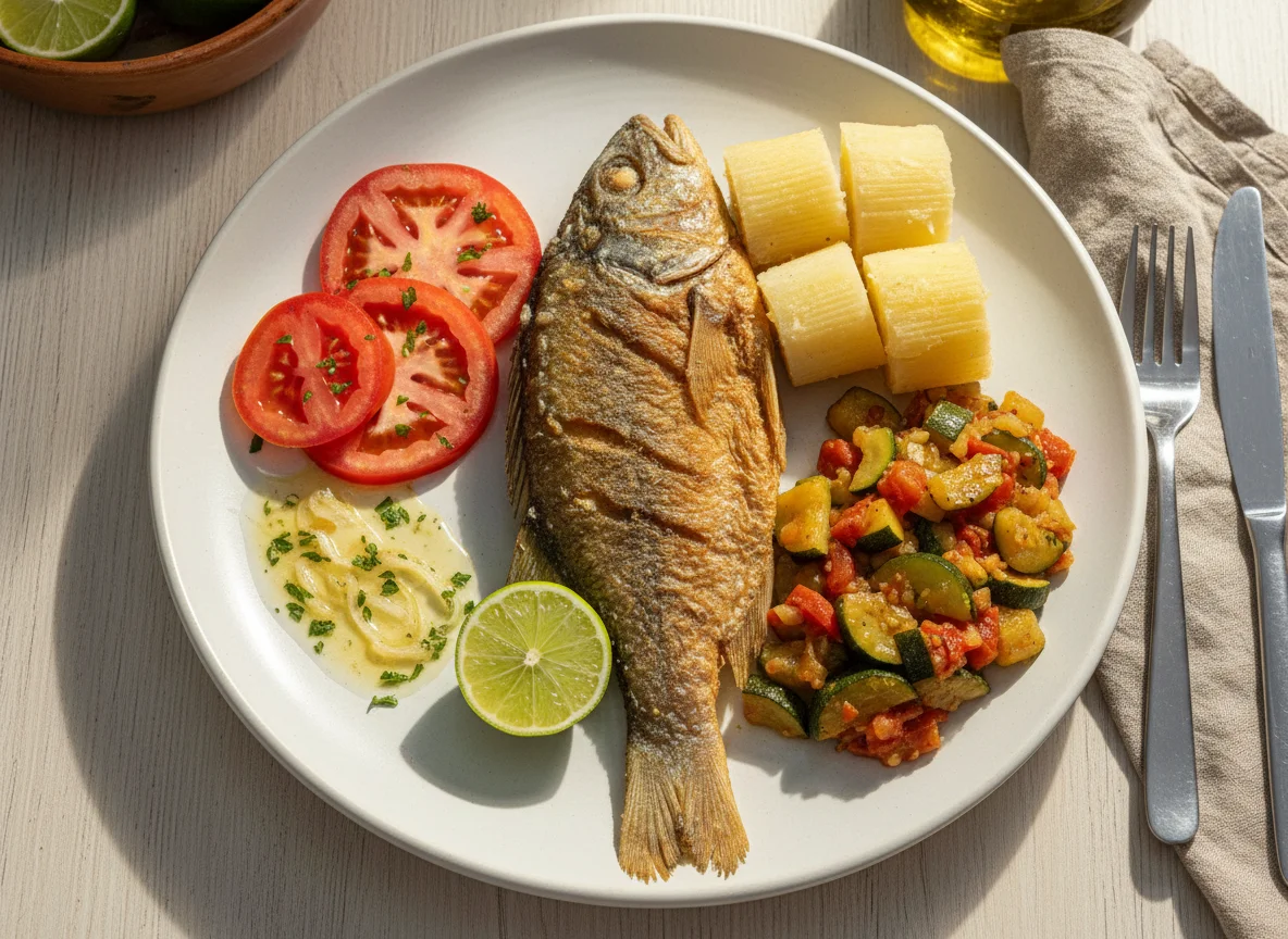 Peixe frito com mandioca, salada de tomate e refogado de legumes photo