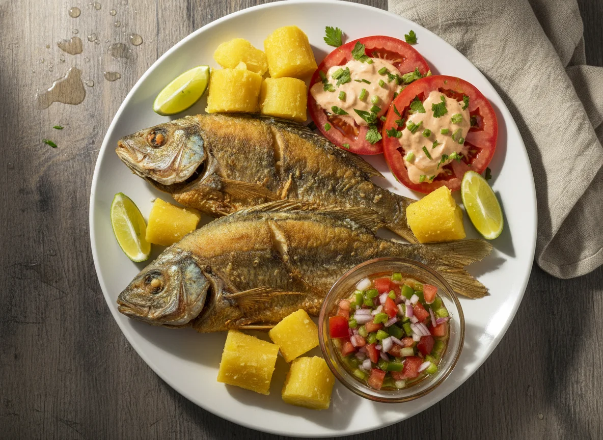 Peixe frito com mandioca, salada de tomate e vinagrete photo