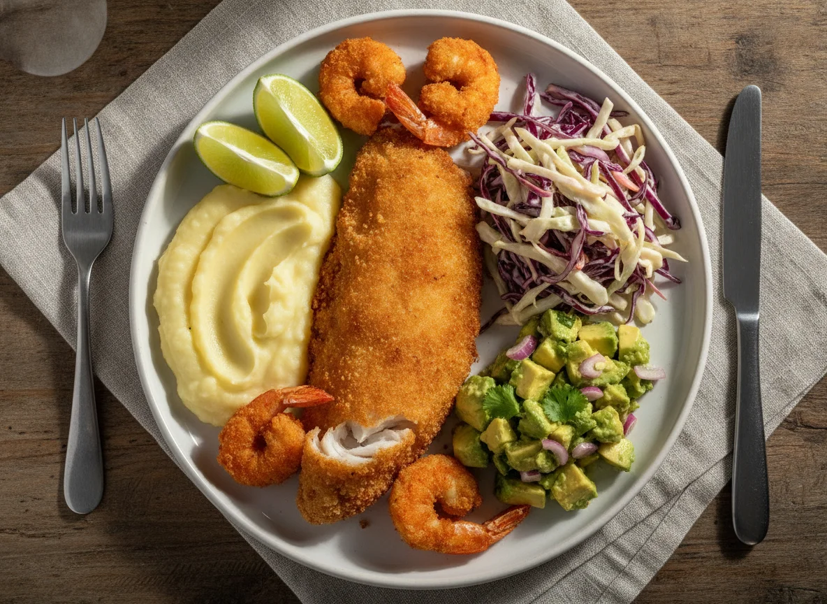 Peixe frito com purê de batata e saladas photo