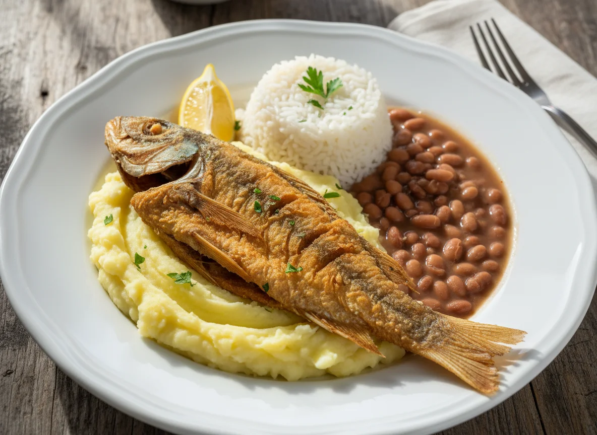 Peixe frito com purê e arroz com feijão photo