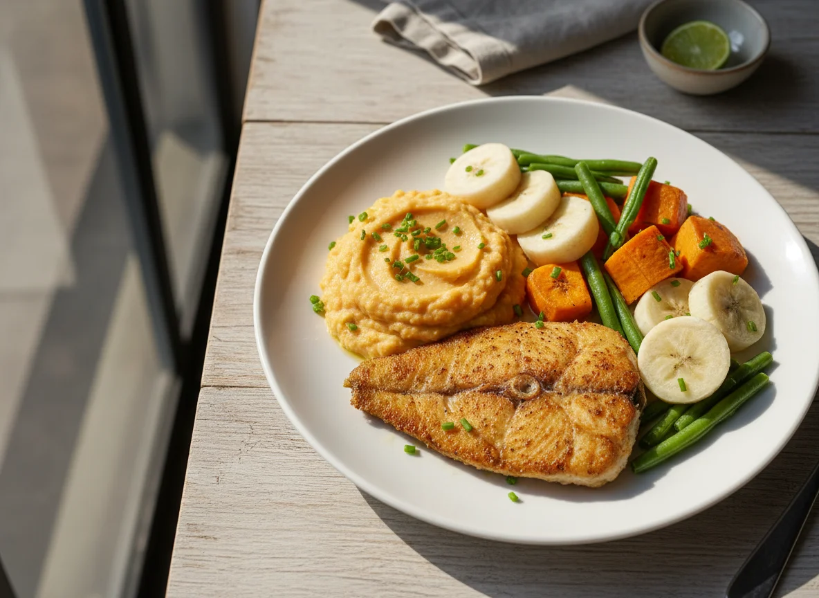 Peixe frito com purê e legumes cozidos photo