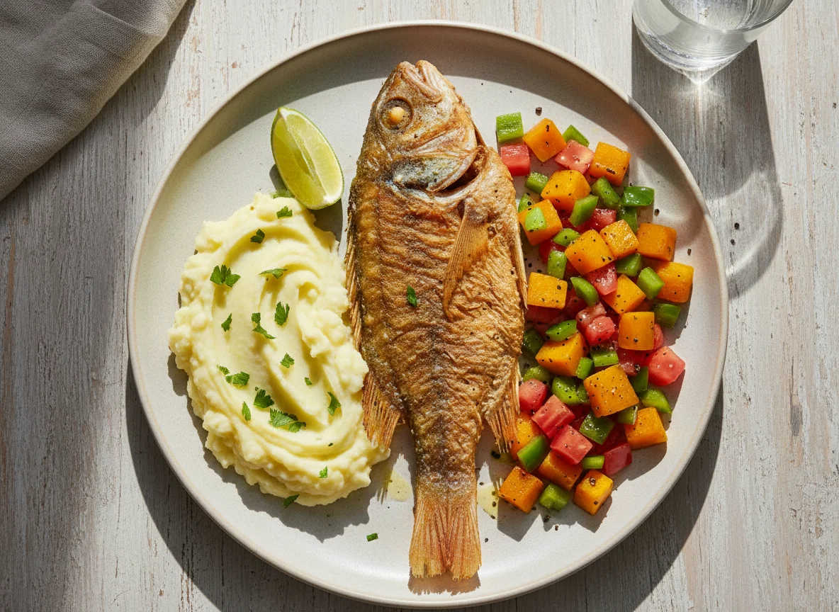 Peixe frito com purê e salada de legumes photo