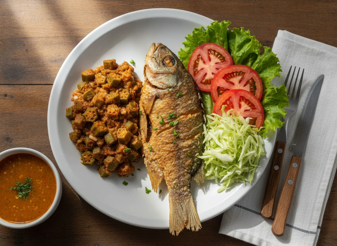 Peixe frito com quiabo e salada photo