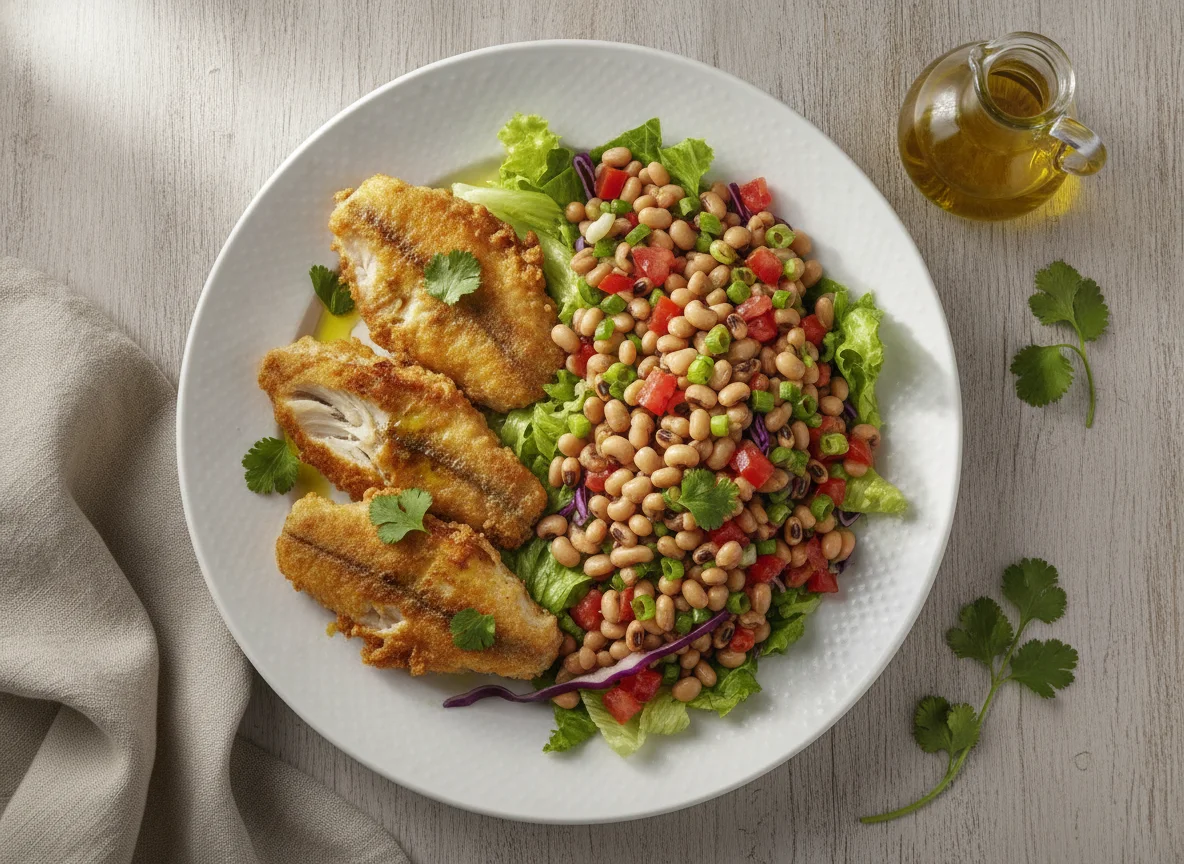 Peixe frito com salada de feijão fradinho photo