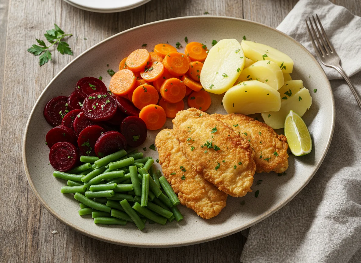 Peixe frito com salada de legumes photo