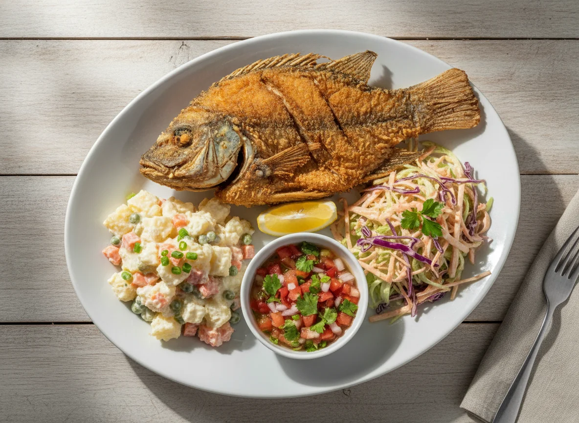 Peixe frito com salada de maionese e vinagrete photo