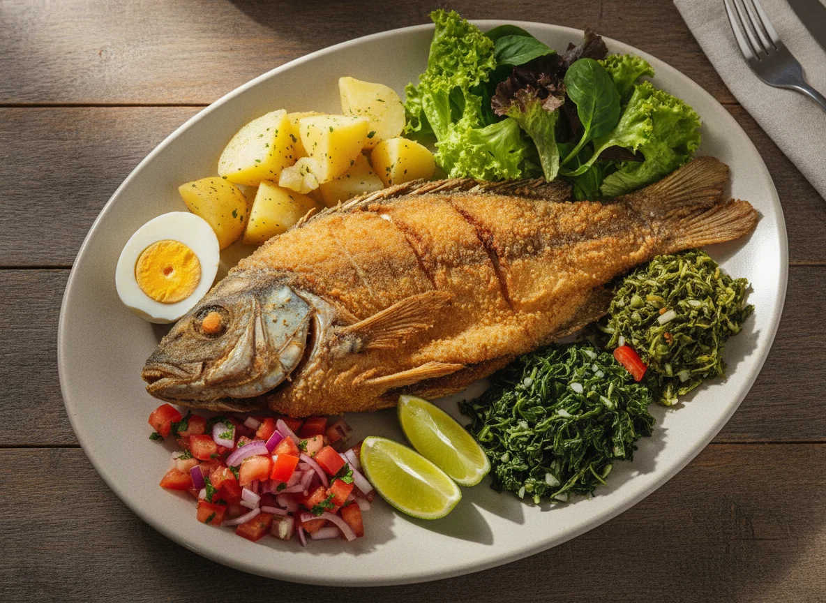 Peixe frito com salada e acompanhamentos photo