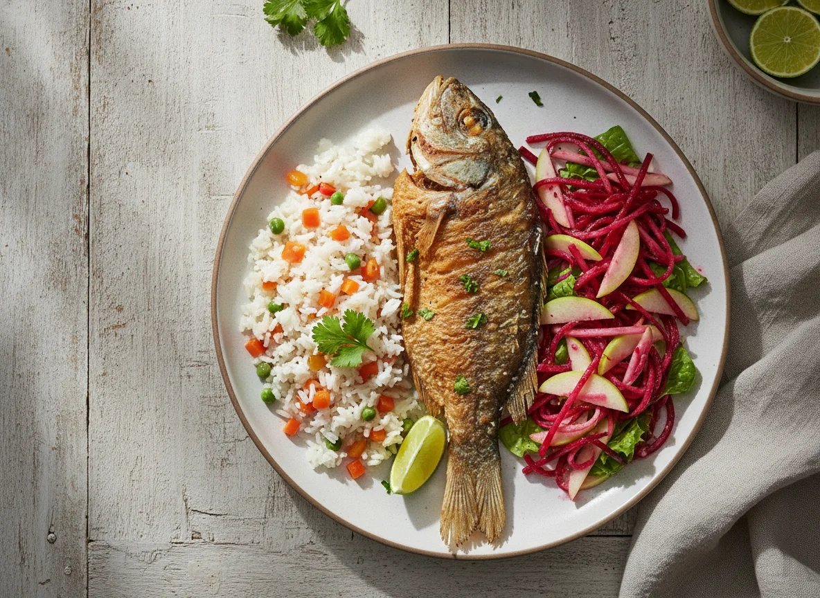Peixe frito com salada e arroz photo