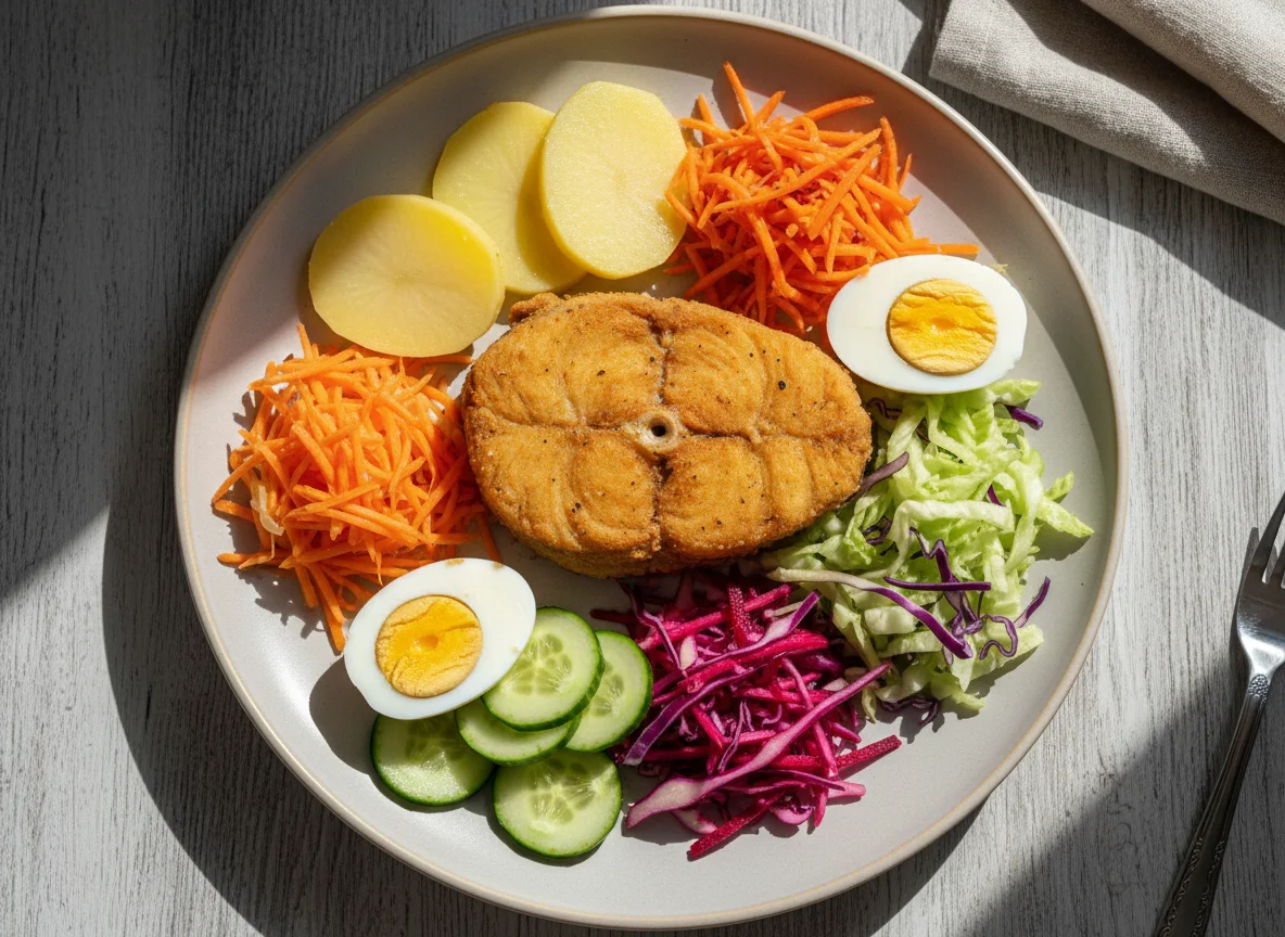 Peixe frito com salada e ovo cozido photo