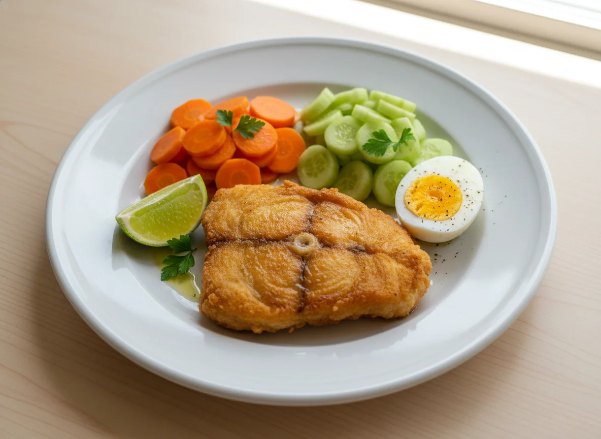 Peixe frito com salada e ovo photo