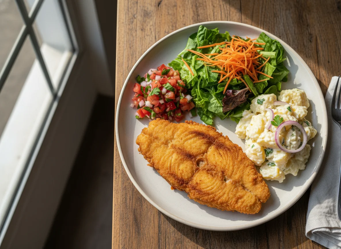 Peixe frito com salada e salada de batata photo