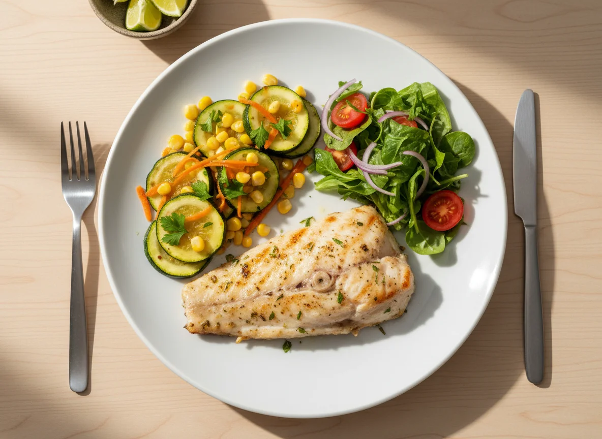 Peixe grelhado com abobrinha e salada photo