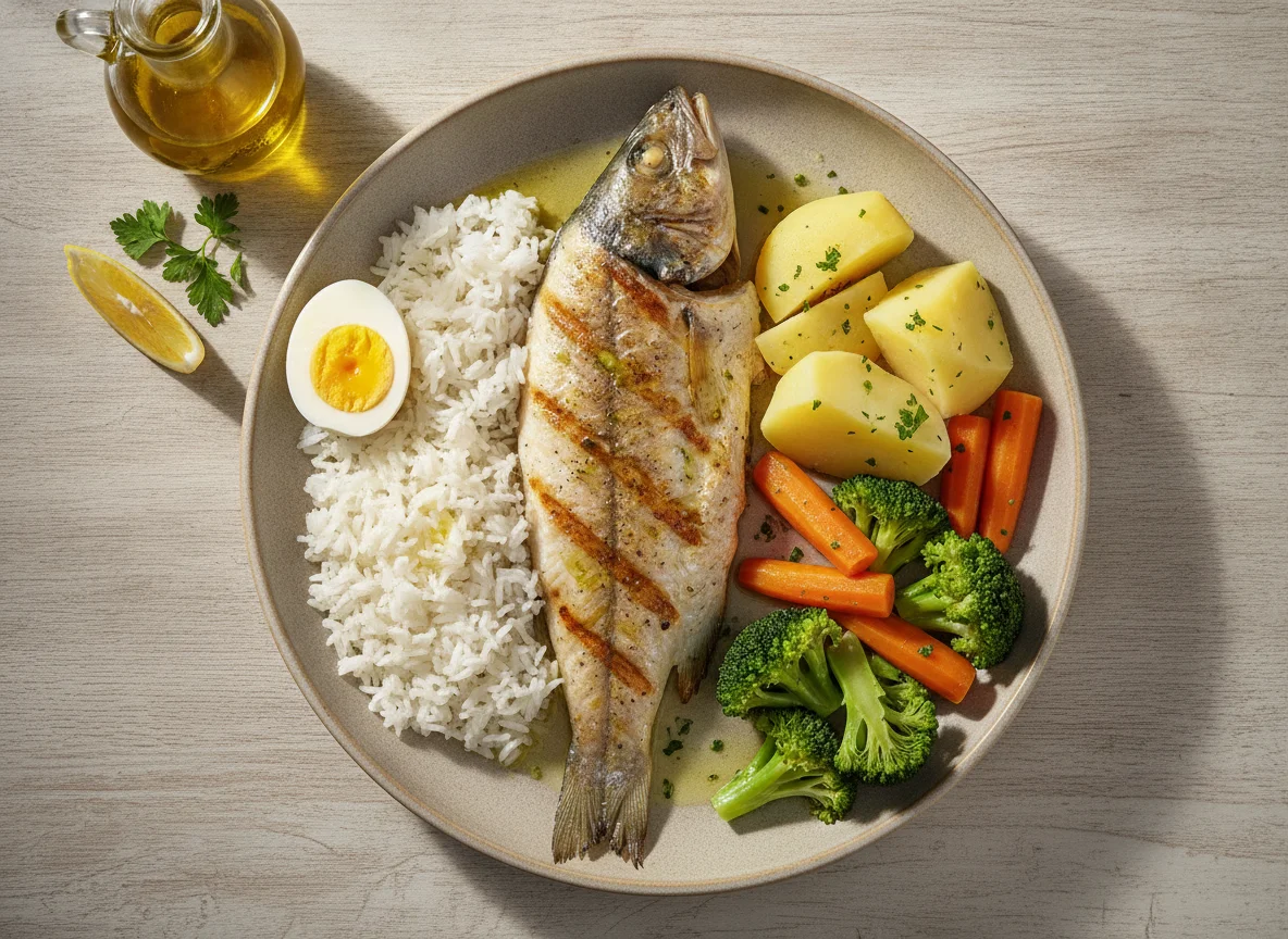 Peixe grelhado com acompanhamentos photo