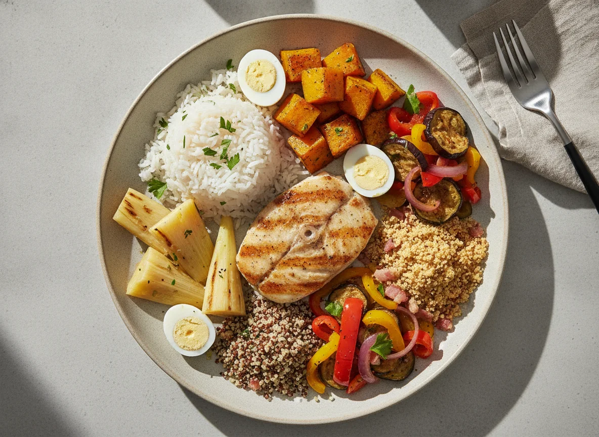 Peixe grelhado com arroz, abóbora e acompanhamentos photo