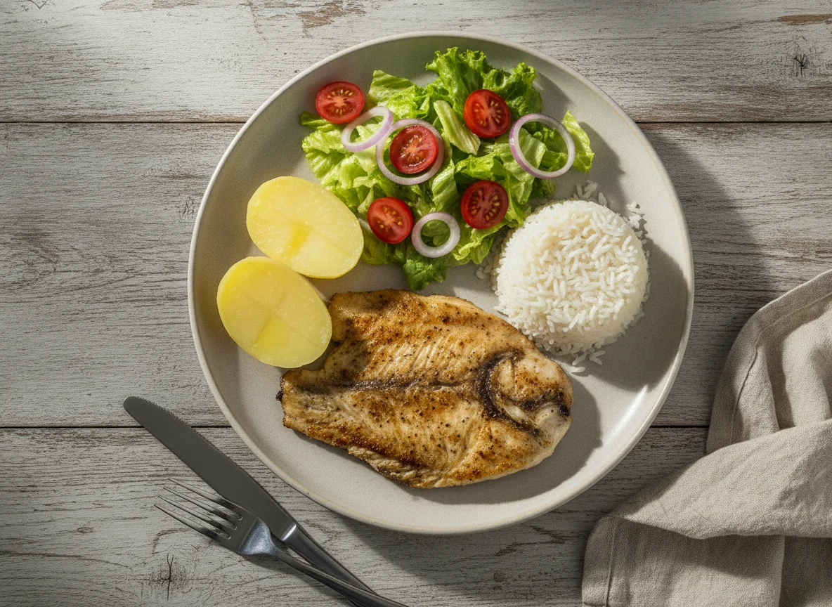 Peixe grelhado com arroz, batata e salada photo