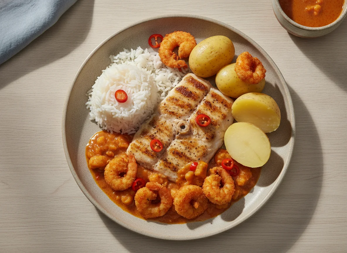 Peixe grelhado com arroz, batatas, camarão frito e molho de camarão photo