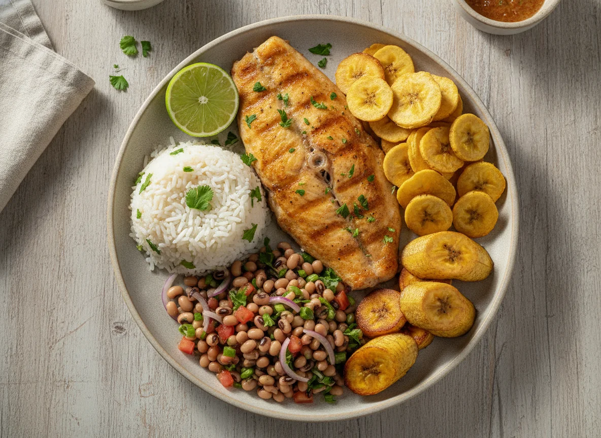 Peixe grelhado com arroz de ervas, feijão fradinho e chips de mandioca photo