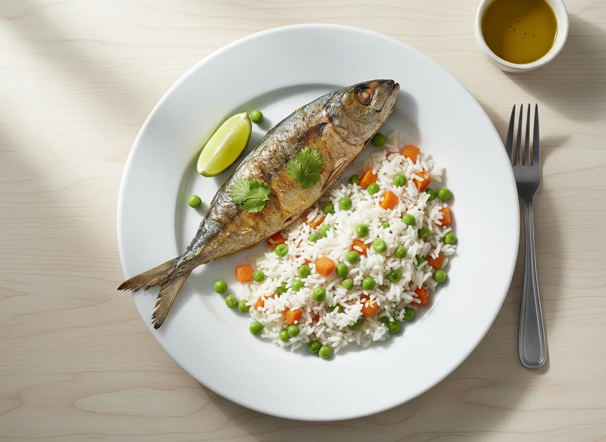Peixe grelhado com arroz de ervilhas e cenoura photo
