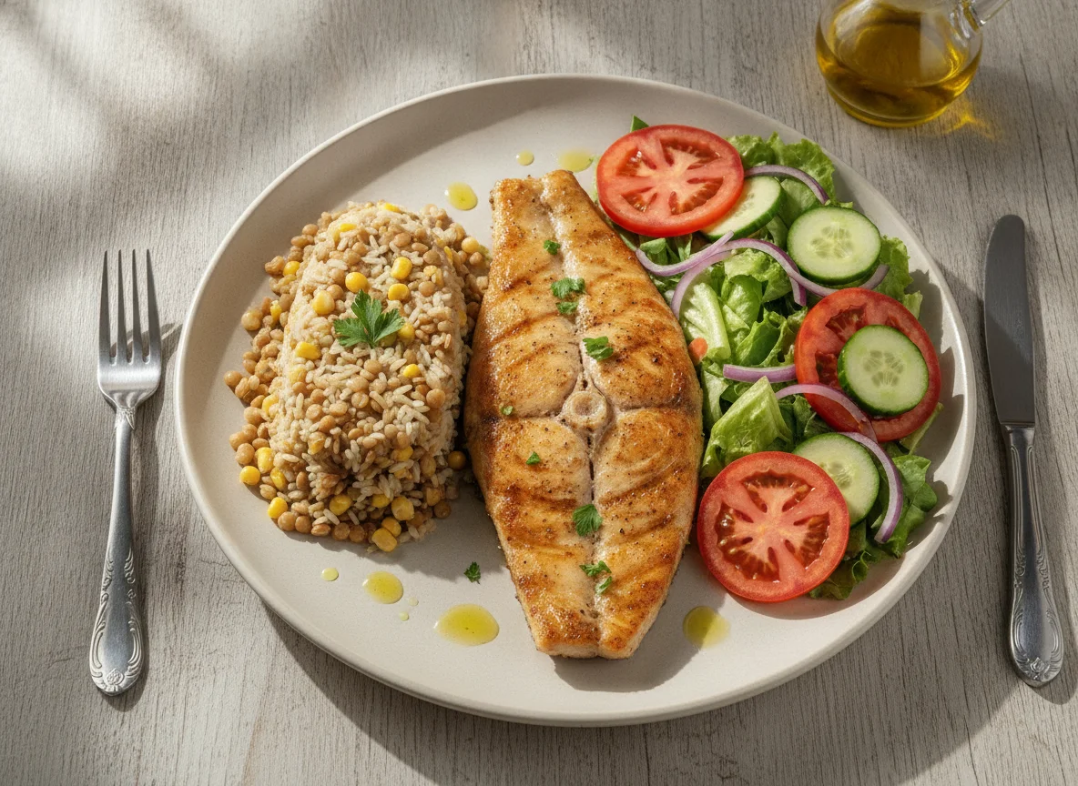 Peixe grelhado com arroz de lentilha e salada mista photo