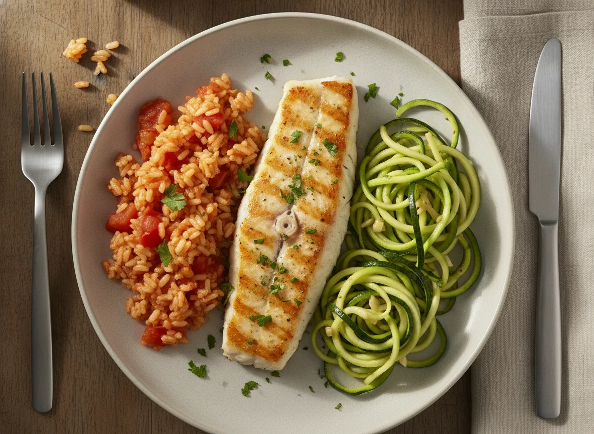 Peixe grelhado com arroz de tomate e espaguete de abobrinha photo