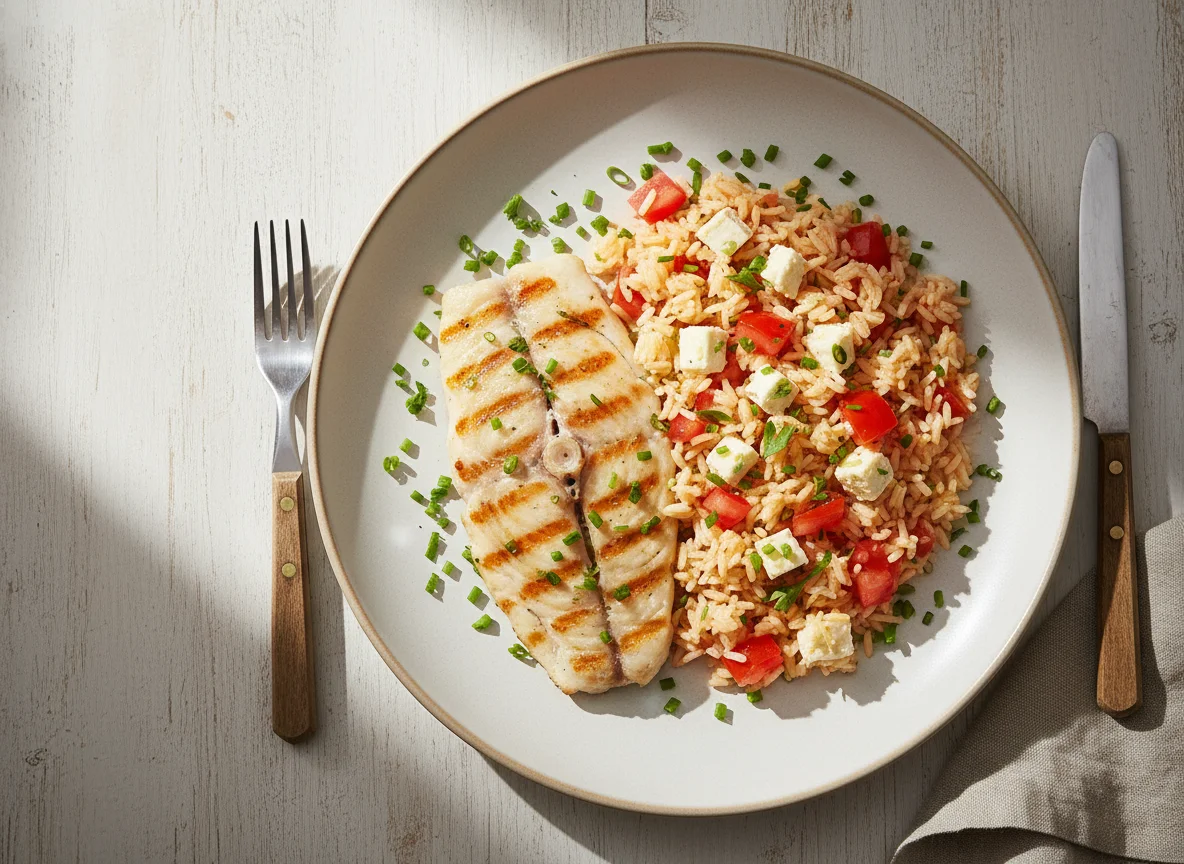 Peixe grelhado com arroz de tomate e queijo photo