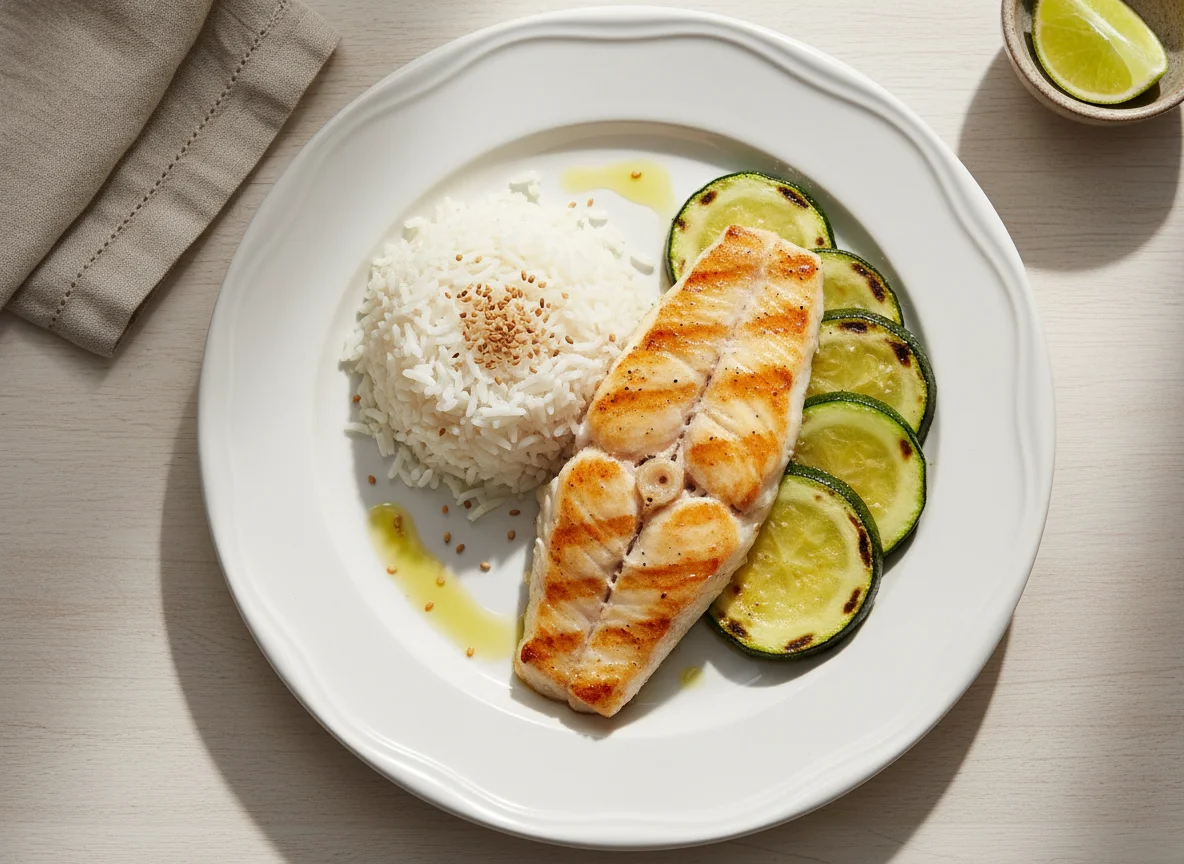 Peixe grelhado com arroz e abobrinha photo