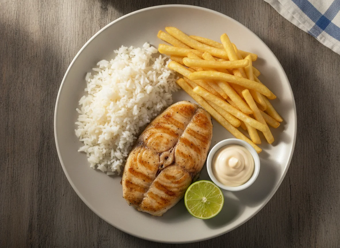 Peixe grelhado com arroz e batata frita photo