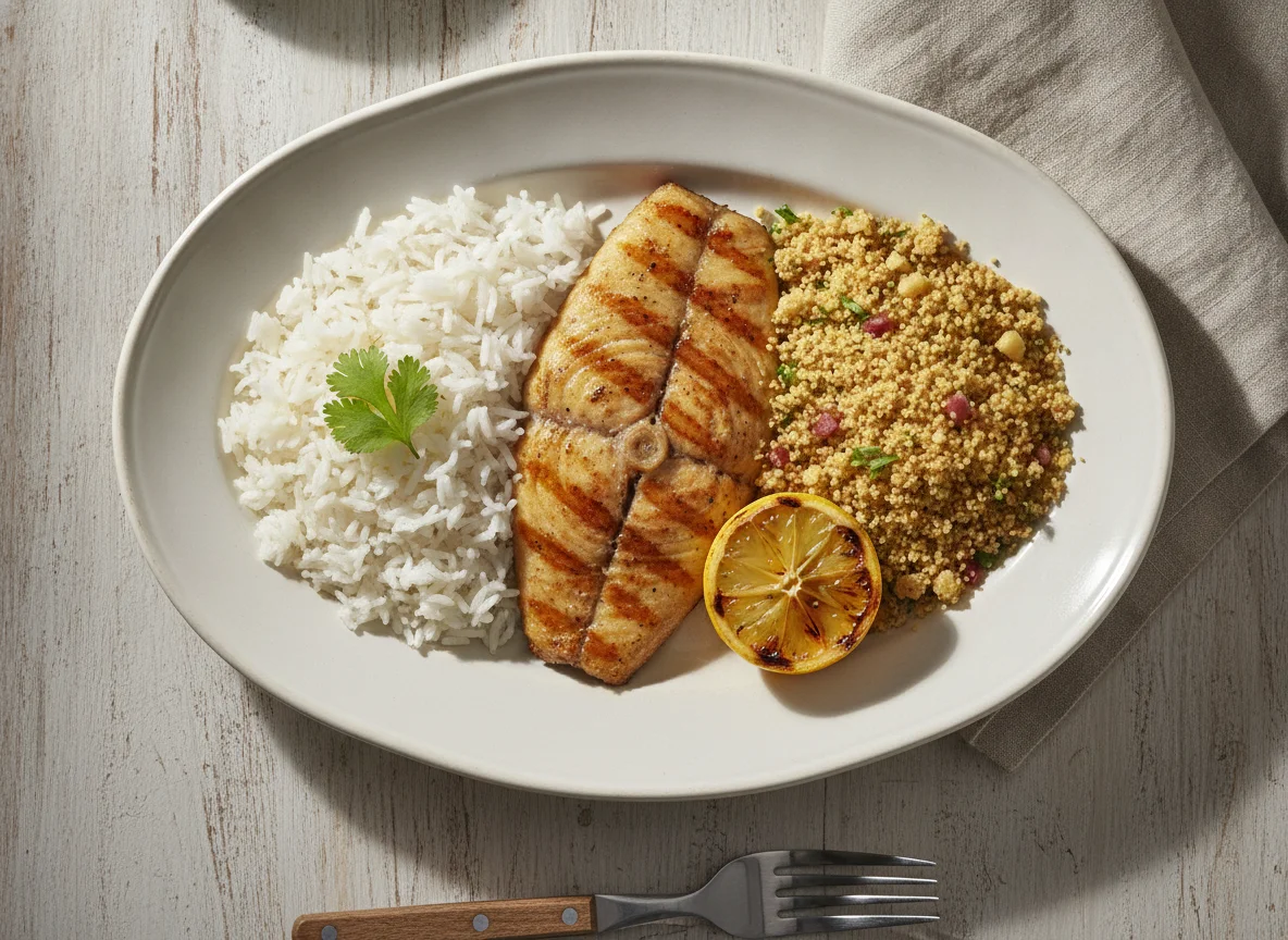 Peixe grelhado com arroz e farofa photo