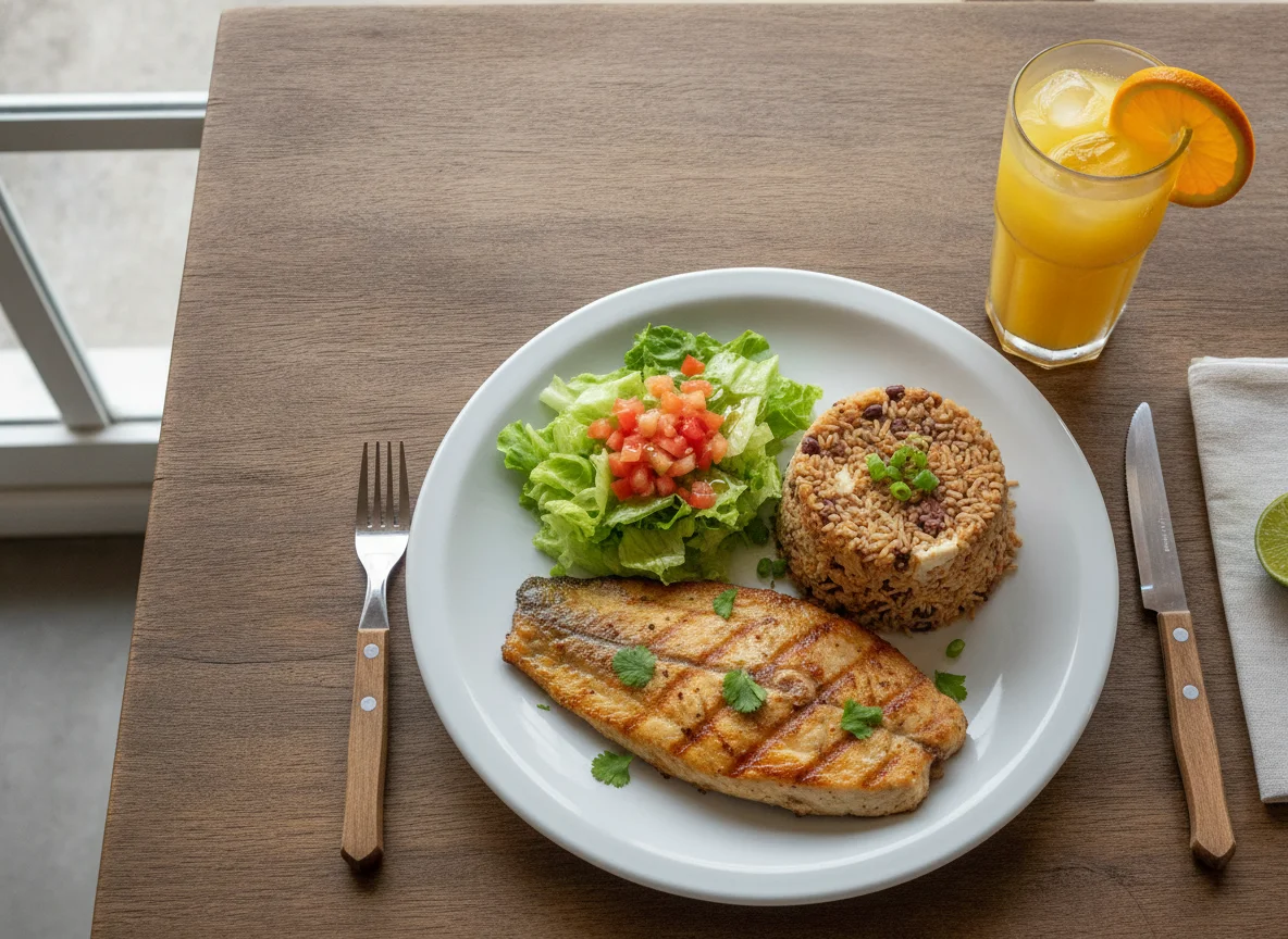 Peixe grelhado com arroz e feijão, salada e suco de laranja photo