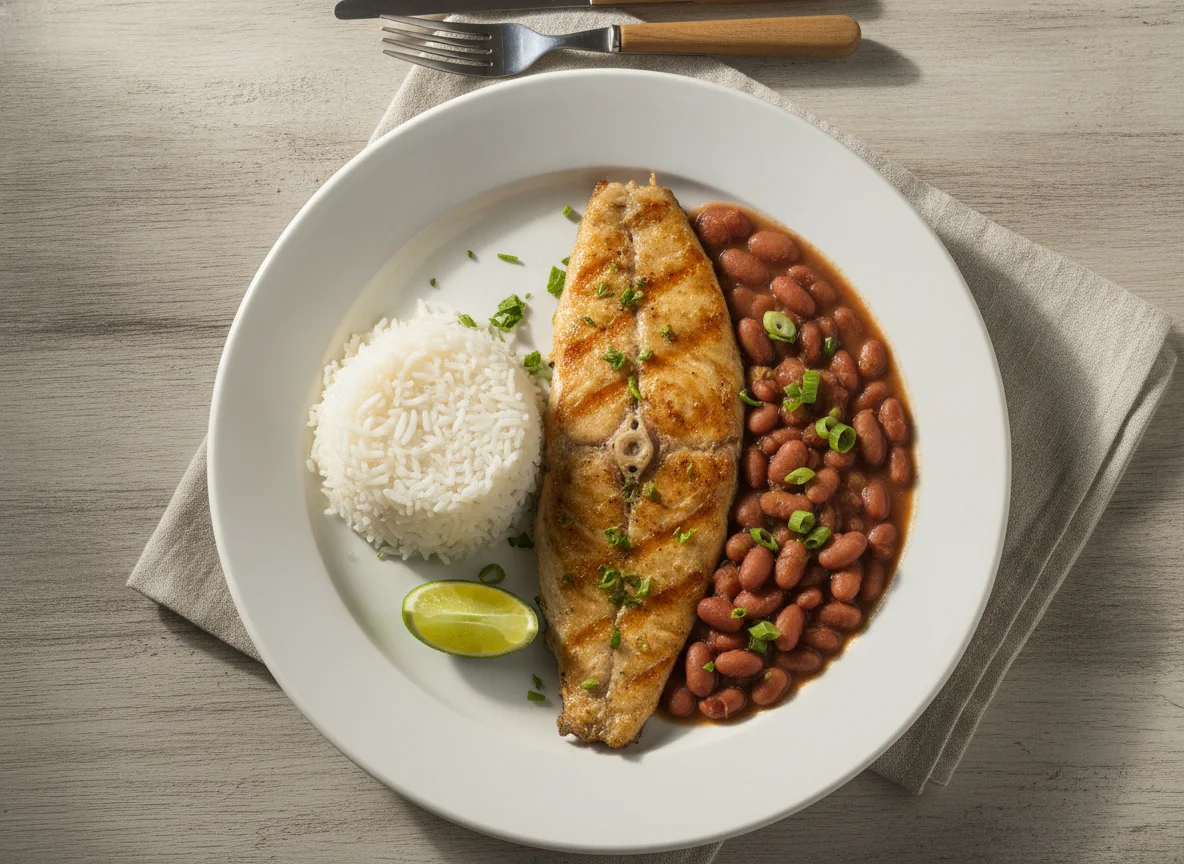 Peixe grelhado com arroz e feijão photo