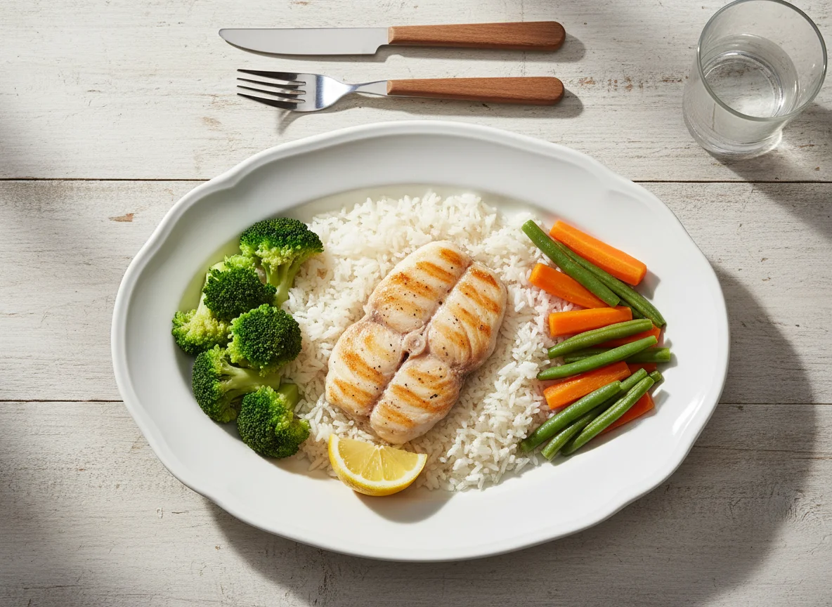 Peixe grelhado com arroz e legumes photo