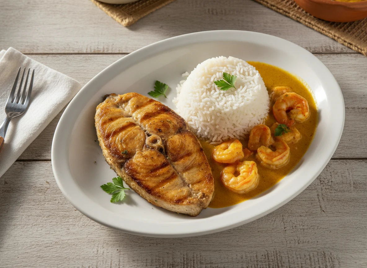 Peixe grelhado com arroz e molho de camarão photo