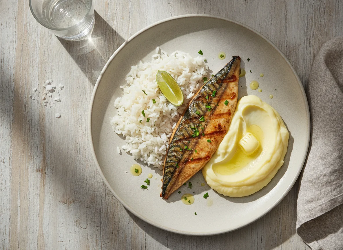 Peixe grelhado com arroz e purê de batata photo