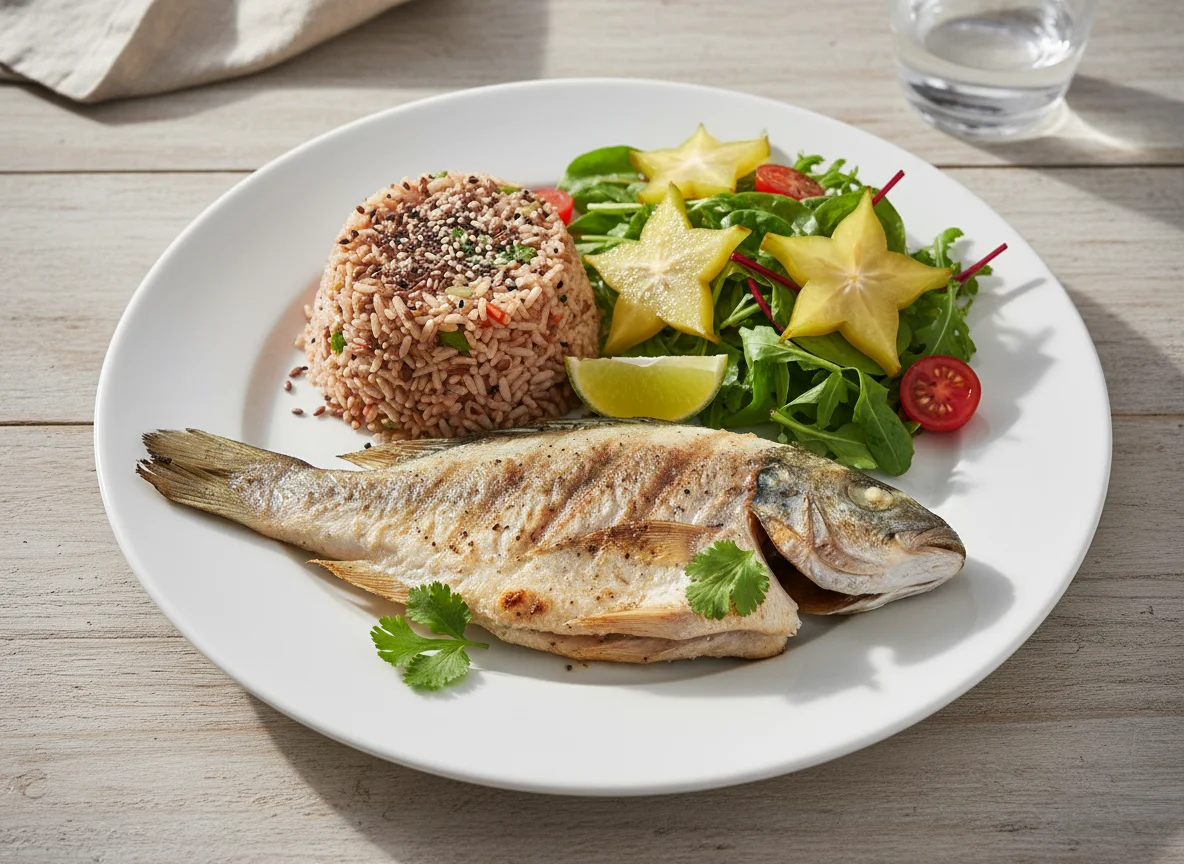 Peixe grelhado com arroz e salada de carambola photo