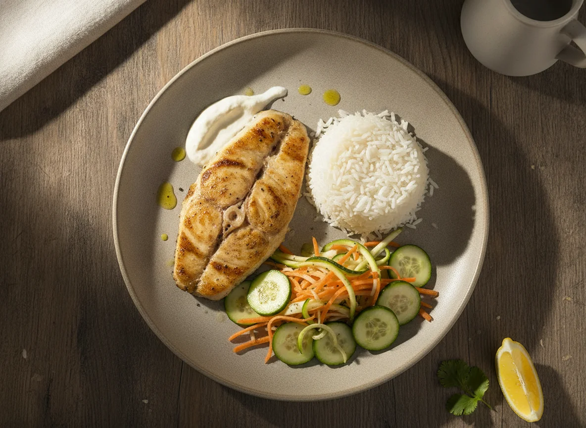 Peixe grelhado com arroz e salada de legumes photo