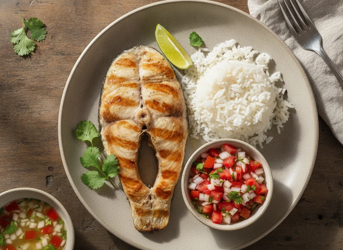 Peixe grelhado com arroz e vinagrete photo