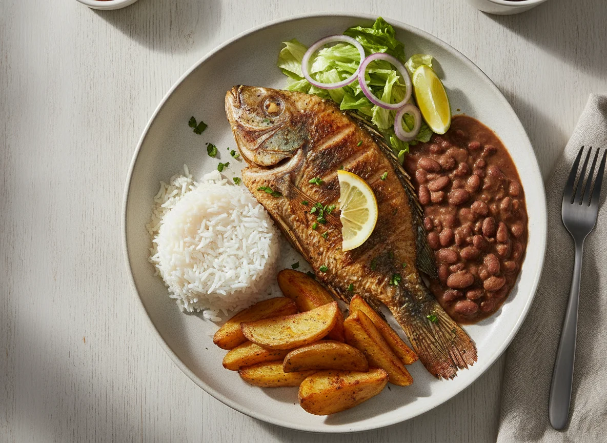 Peixe grelhado com arroz, feijão, batatas e salada photo
