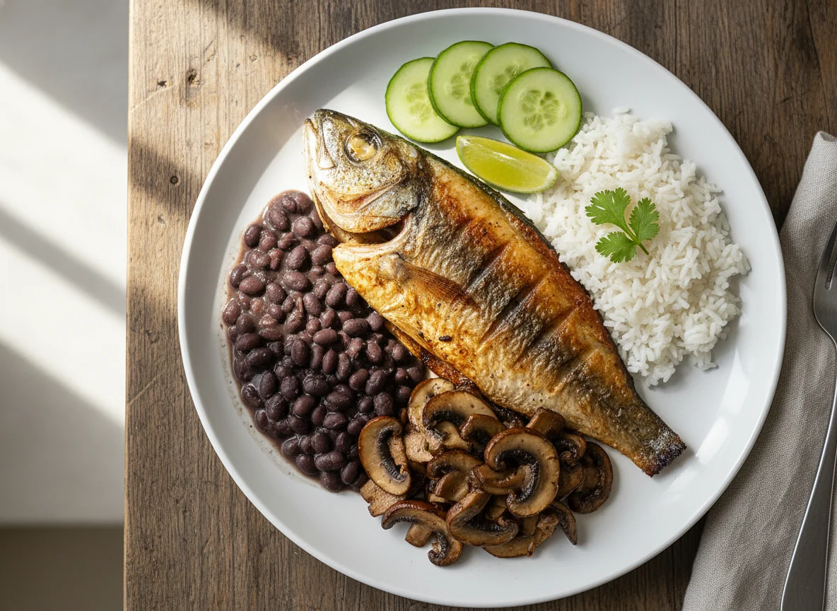 Peixe grelhado com arroz, feijão, cogumelos e pepino photo