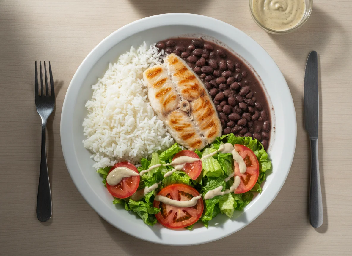 Peixe grelhado com arroz, feijão e salada photo